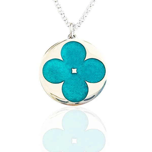 Bohemian Gemstone Necklaces-GREEN ENAMEL CARVED FLOWER NECKLACE IN STERLING SILVER