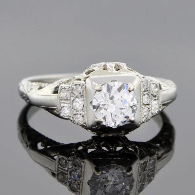 Unique Gemstone Rings-Art Deco 18kt Gold Diamond Engagement Ring .67ct