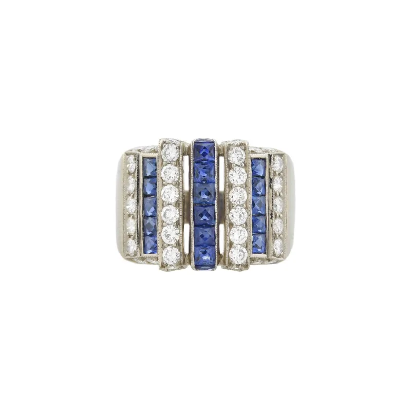 Custom Wedding Rings with Names-Art Deco 18kt Diamond + Sapphire Row Ring