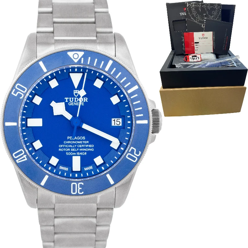 Custom Engraved Watches-Tudor Pelagos Blue Titanium 42mm Automatic Date Watch 25600 TB CARD BOX