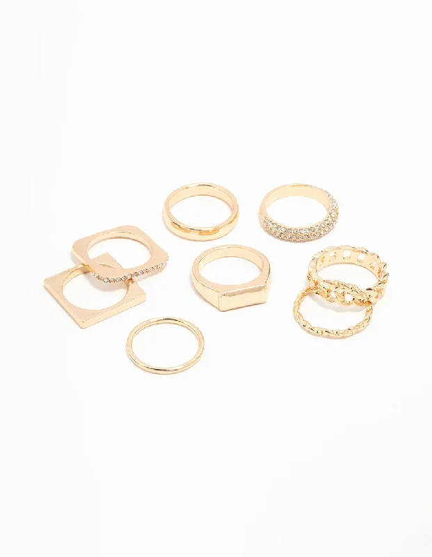 Trendy Stackable Rings-Gold Diamante Square Stacking Rings 8-Pack