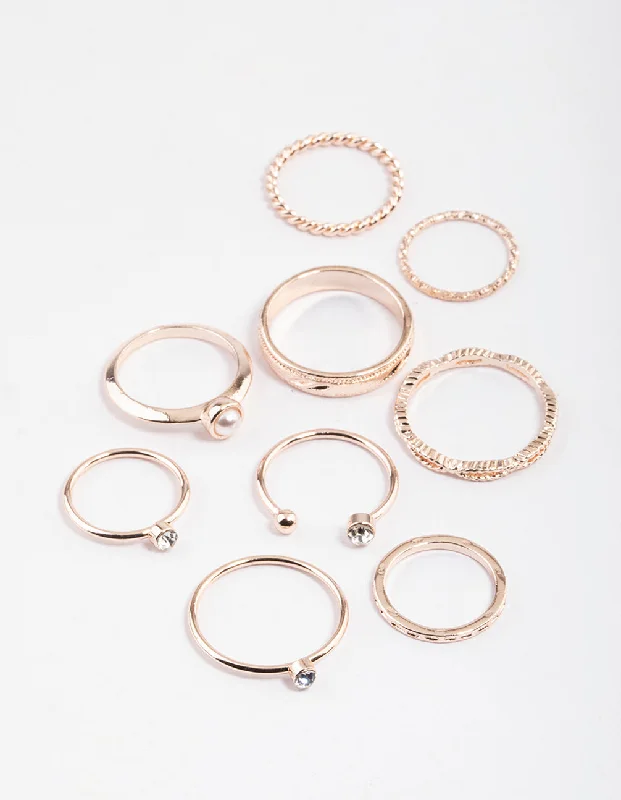 Luxury Diamond Rings-Rose Gold Open Pearl & Stone Ring Pack