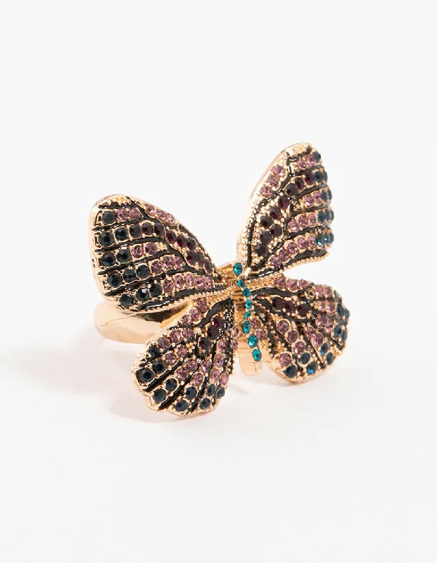 Trendy Gold Rings for Women-Gold Jeweled Butterfly Ring