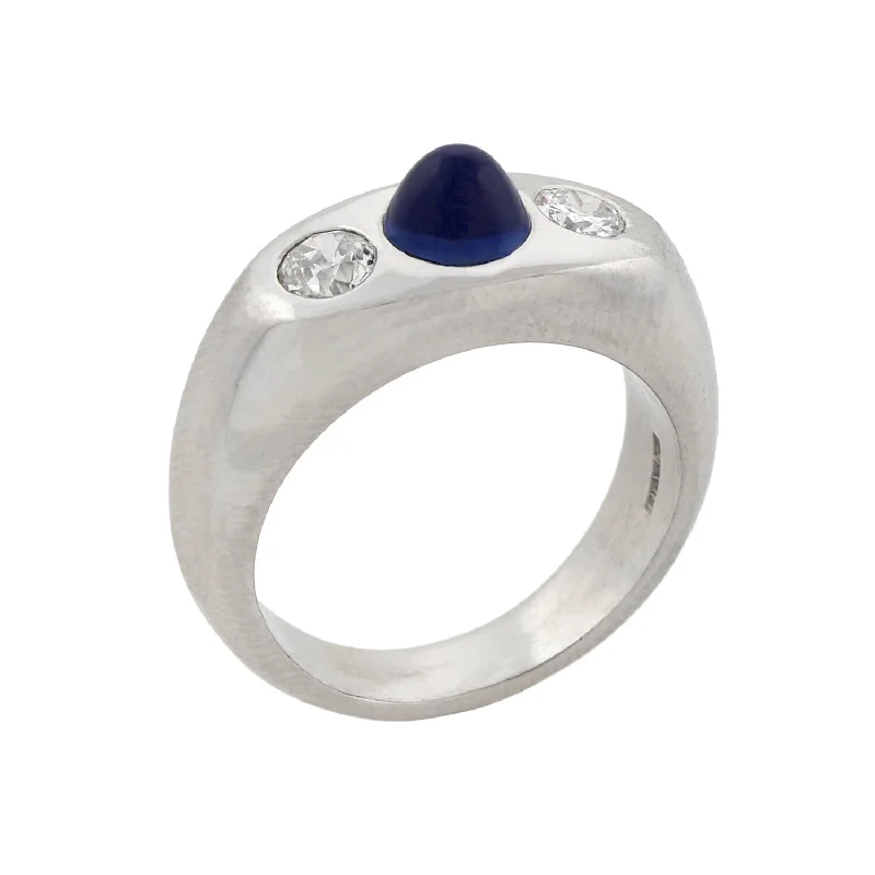 Handcrafted Promise Rings-Art Deco Platinum 3-Stone Diamond + Bullet Cabochon Sapphire Ring