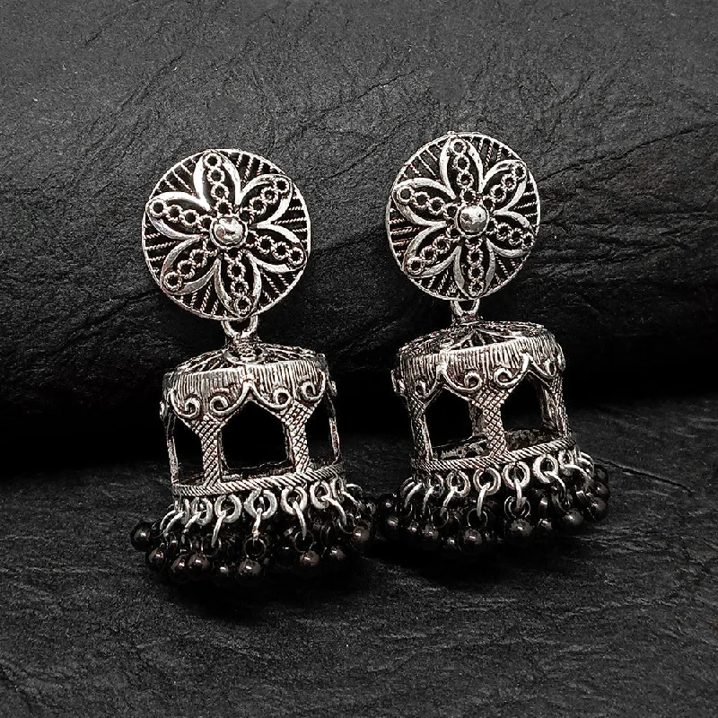 Handcrafted Silver Earrings-Darshana Jewels Oxidised Plated Jhumki Earrings