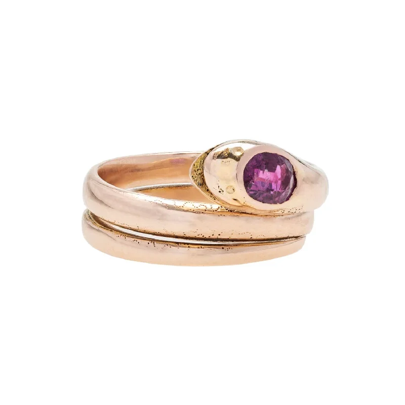 Trendy Gold Rings for Women-Victorian 14kt Rose Gold + Ruby Snake Ring 0.85ctw