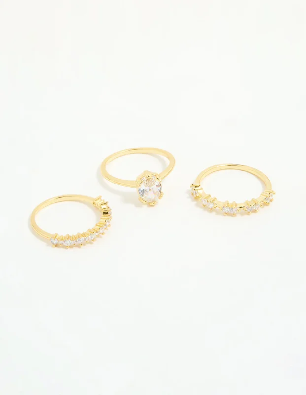 Personalized Name Rings-Gold Plated Cubic Zirconia Oval Stacking Rings 3-Pack