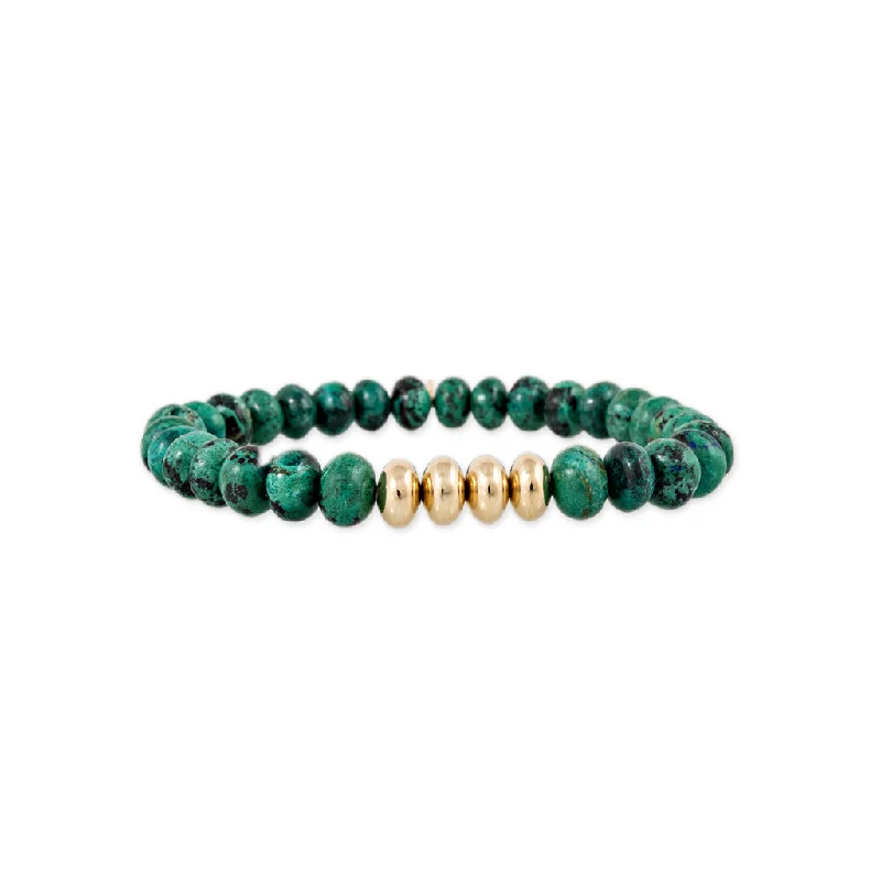 Layered Chain Bracelets-4 GOLD BEADS + CHRYSOCOLLA BEADED STRETCH BRACELET