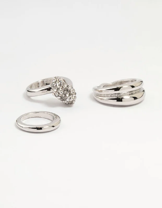 Designer Gold Rings-Silver Diamante Pavé & Knotted Stacking Rings 3-Pack