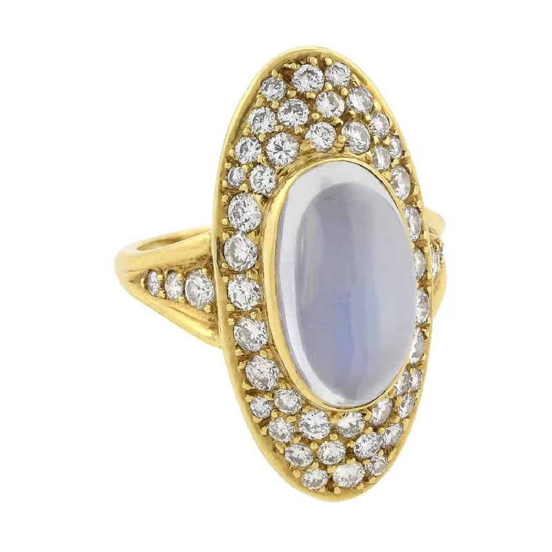 Customized Gold Rings-Retro Large 18kt Moonstone + Pavé Set Diamond Navette Ring