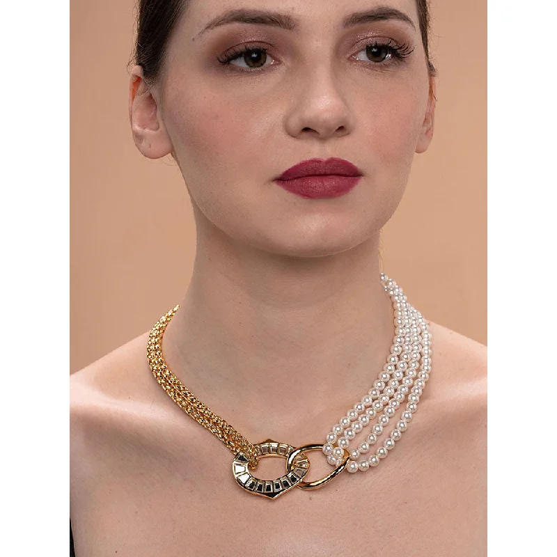 Art Deco Necklaces-Isharya Amara Mirror Pearl Duo Necklace in 18kt Gold Plated