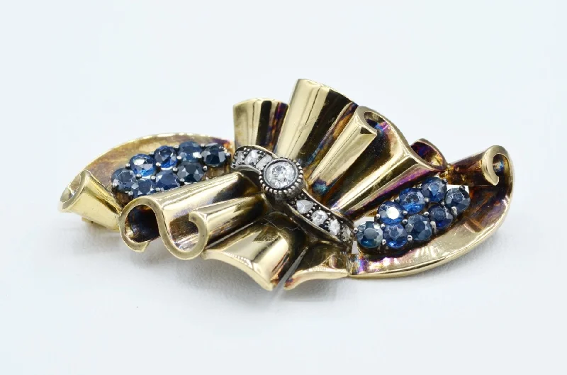 Gold-Plated Crystal Brooch-15K and Sterling Silver Diamond and Sapphire Brooch