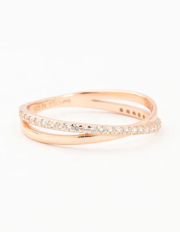 Chunky Silver Rings-Rose Gold Plated Sterling Silver Cubic Zirconia Crossover Ring