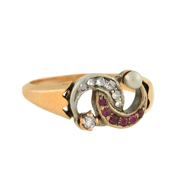 Designer Gold Rings-Victorian 14kt Diamond, Pearl + Ruby Double Crescent Ring