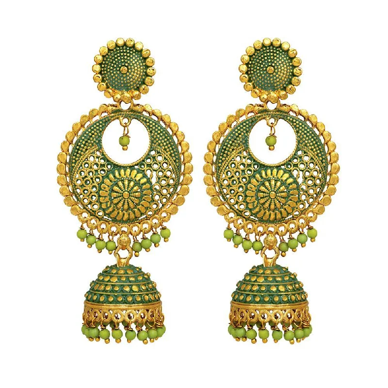 Luxury Pearl Earrings-Mahi Green Meenakari Work Enamelled Artificial Pearl Dangle Jhumka Earrings for Women (ER1109719GGre)