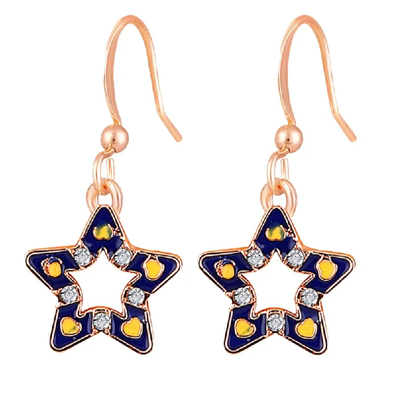 Bohemian Earrings for Festivals-Mahi Rose Gold Plated Navy Blue & Yellow Meenakari Work and Crystals Star Earrings for Women (ER1109847ZNBlu)