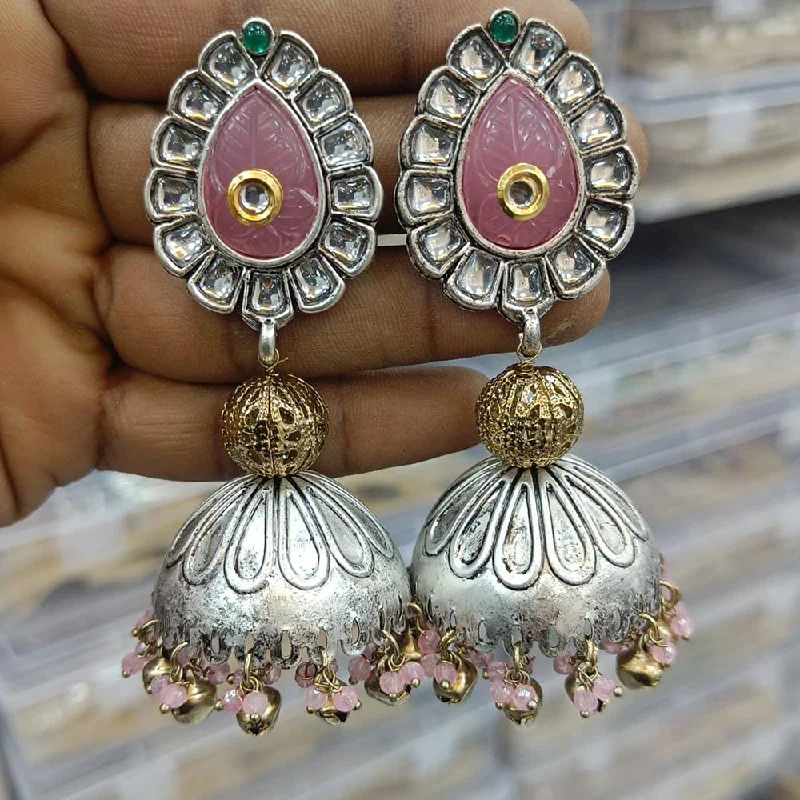 Pink Crystal Earrings-Rani Sati Jewels 2 Tone Kundan Stone And Pearls Jhumki Earrings