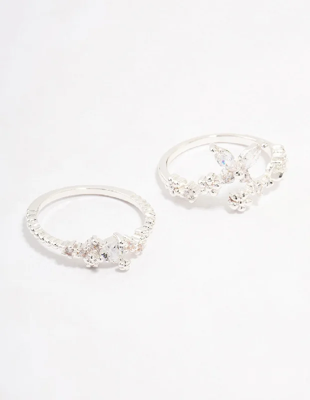 Birthstone Diamond Rings-Silver Plated Floral Stone Stacking Rings