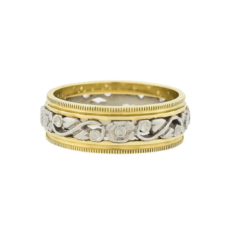 Custom Rings with Birthstones-Retro 14kt Yellow + White Gold Mixed Metals Carved Floral Band