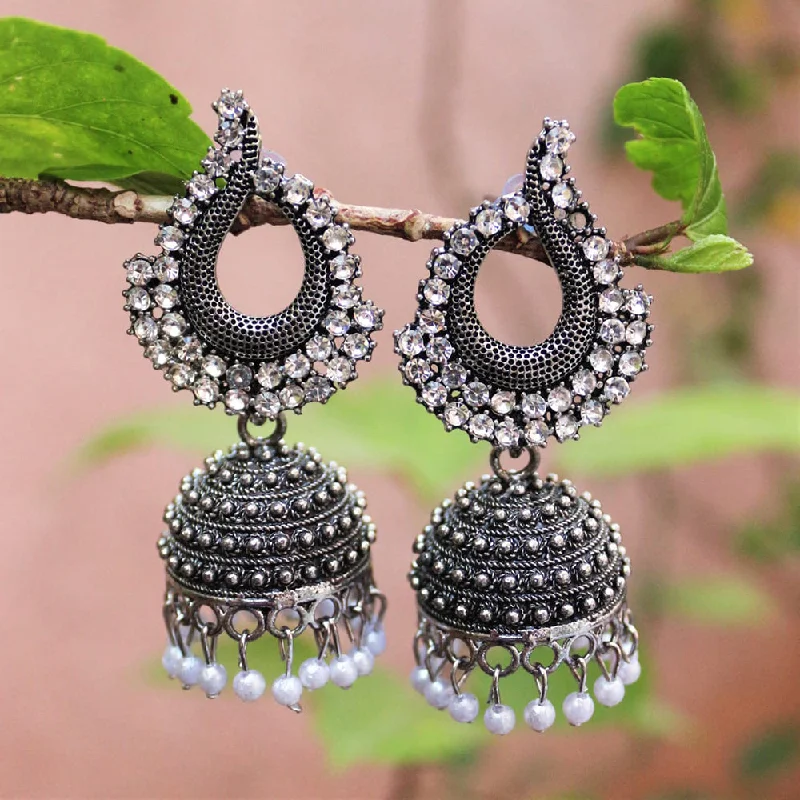 Silver Hoops Earrings-H K Fashion Oxidised Plated Austrian Stone Jhumki Earrings