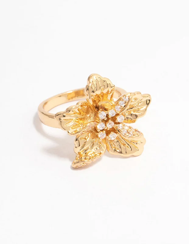 Vintage Promise Rings-Gold Plated Cubic Zirconia Bling Flower Ring