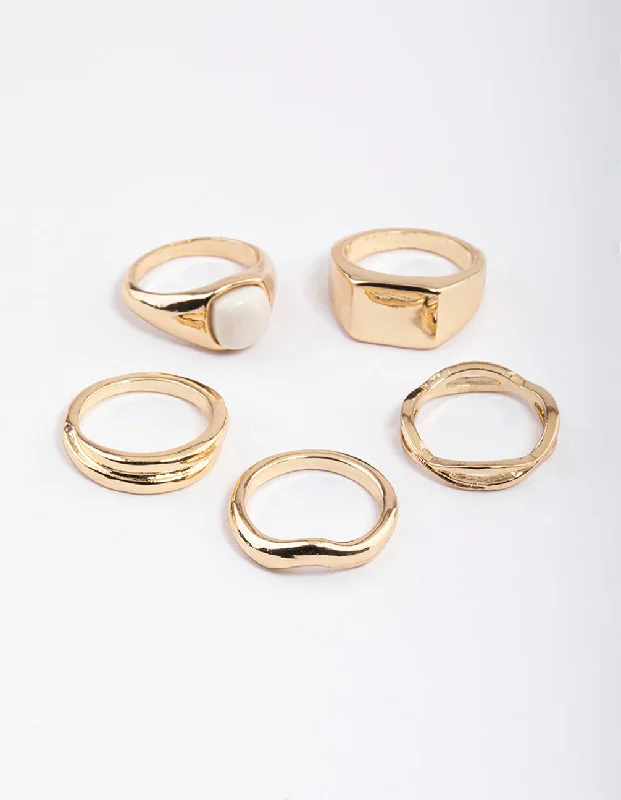 Unique Wedding Bands-Gold Organic Shape & Signet Ring Pack