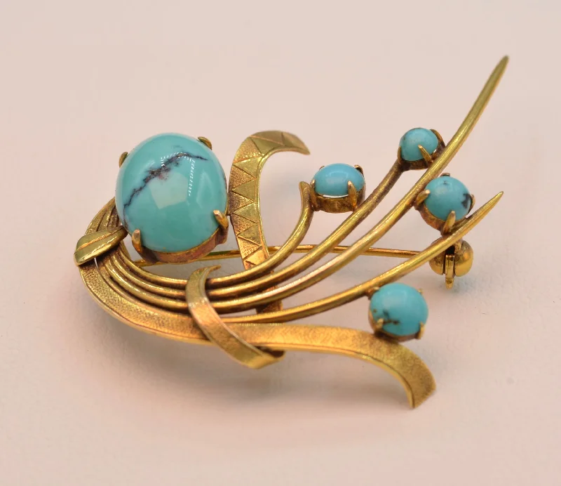 Unique Butterfly Brooch for Weddings-14K yellow gold brooch with Turquoises