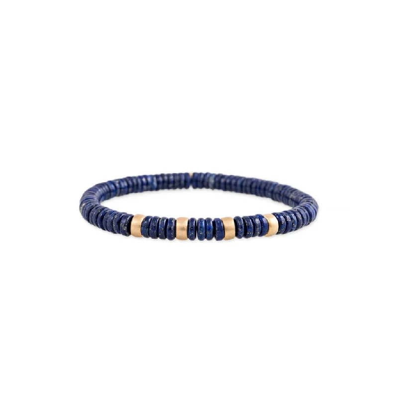 Bohemian Style Bracelets-4 SPACED OUT GOLD BEADS + LAPIS BEADED STRETCH BRACELET