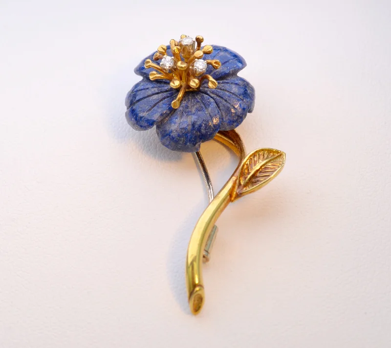 Elegant Brooch with Mixed Gemstones-18K Lapis Flower Pin with Diamonds