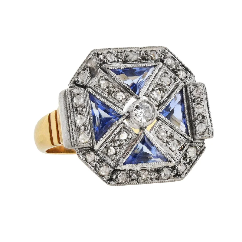 Designer Platinum Rings-Art Deco 18kt Two-Tone Diamond + Sapphire Ring