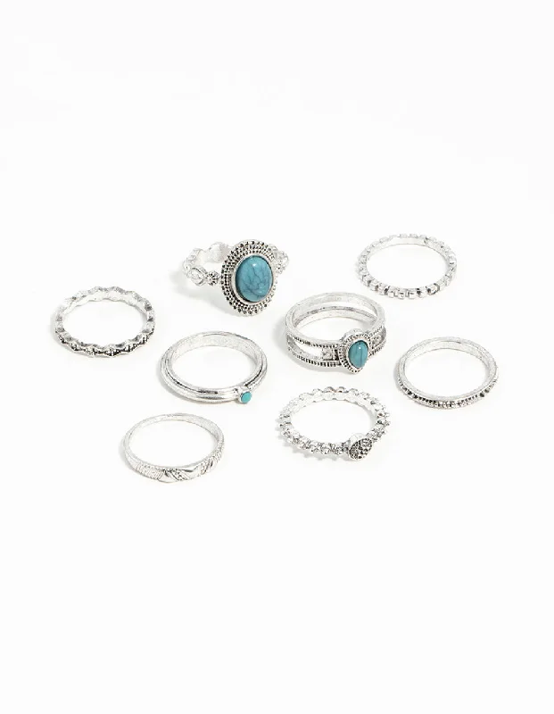 White Gold Engagement Rings-Silver Stackable Ring Turquoise 8-Pack