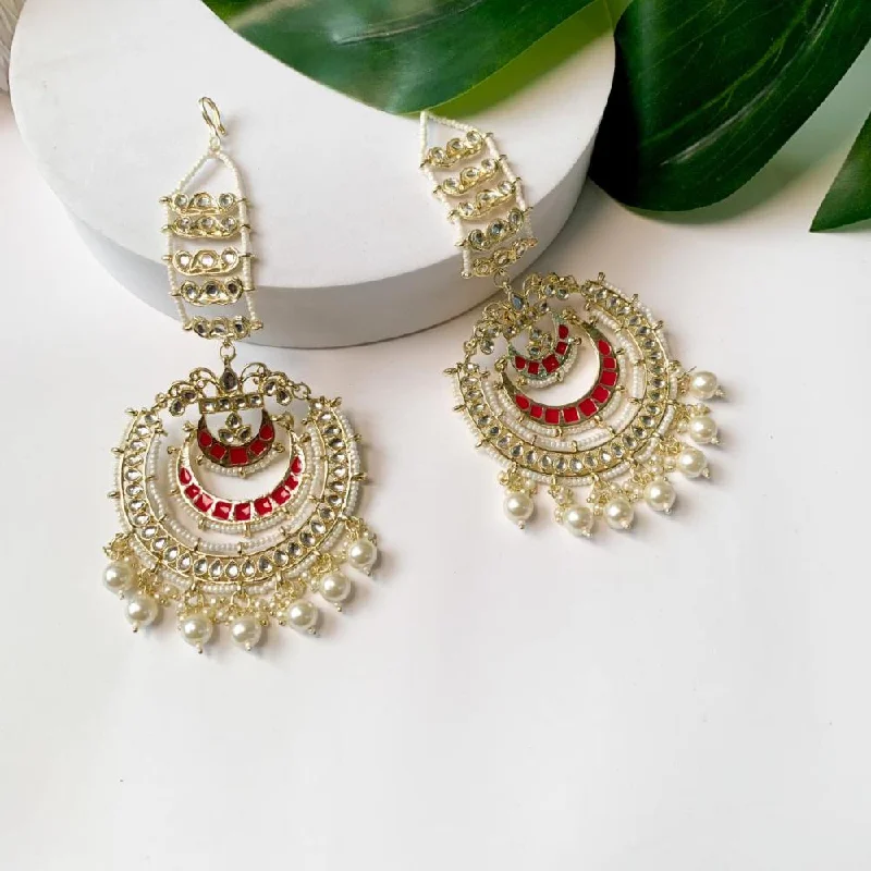 Swarovski Crystal Earrings-Etnico Gold Plated Traditional Kundan Hanging Pearl Earrings Attachable Ear Chain For Women/Girls (Rani)