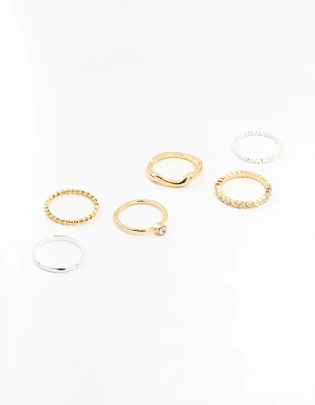 Matching Promise Rings-Mixed Metals Molten & Diamante Rings 6-Pack