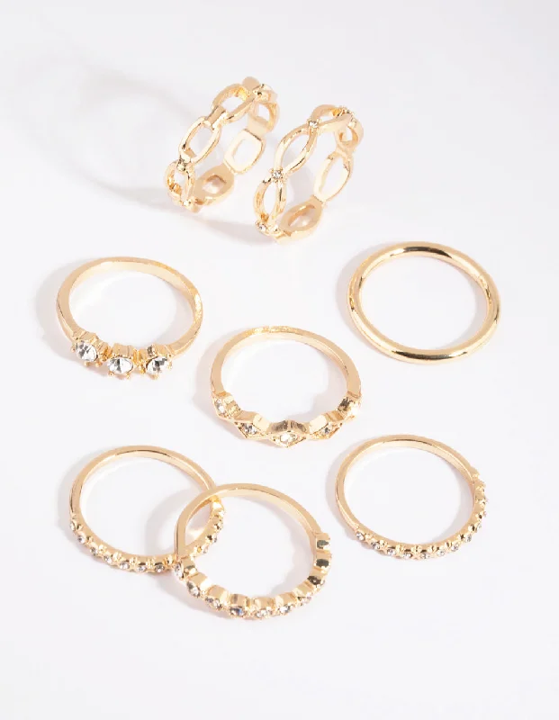 Gold Band Engagement Rings-Gold Diamante Ring 8-Pack