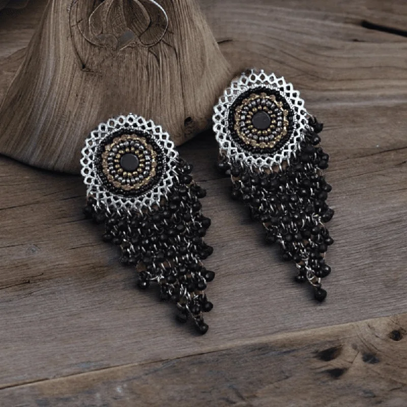 Gemstone Drop Earrings-Bevy Pearls Oxidised Plated Beads Dangler Earrings