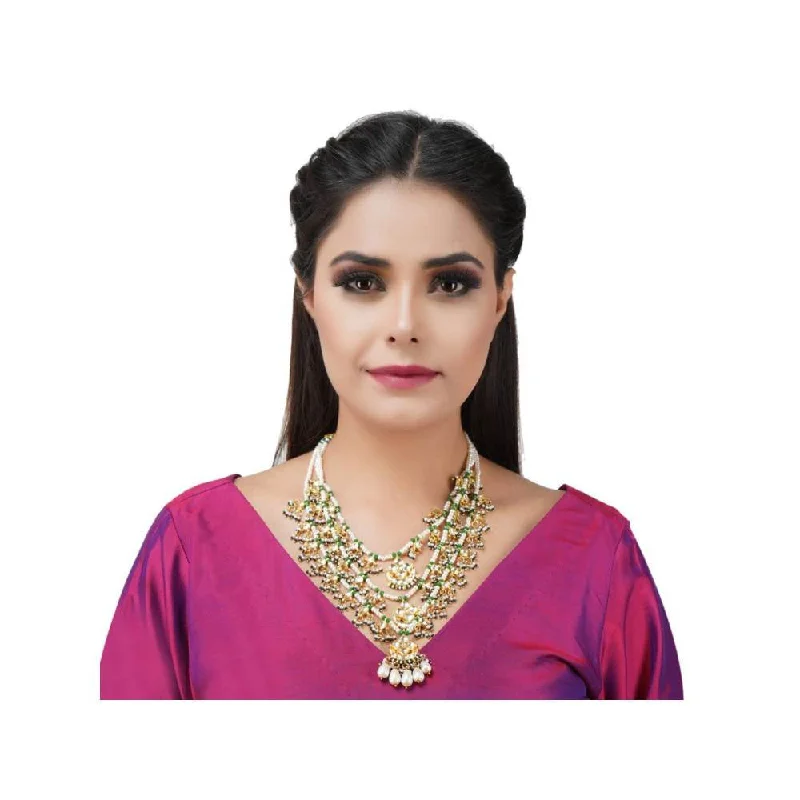 Chunky Chain Necklaces-Auraa Trends 22Kt Gold Plated Kundan Traditional Handcrafted Stones Green Necklace Set for Women