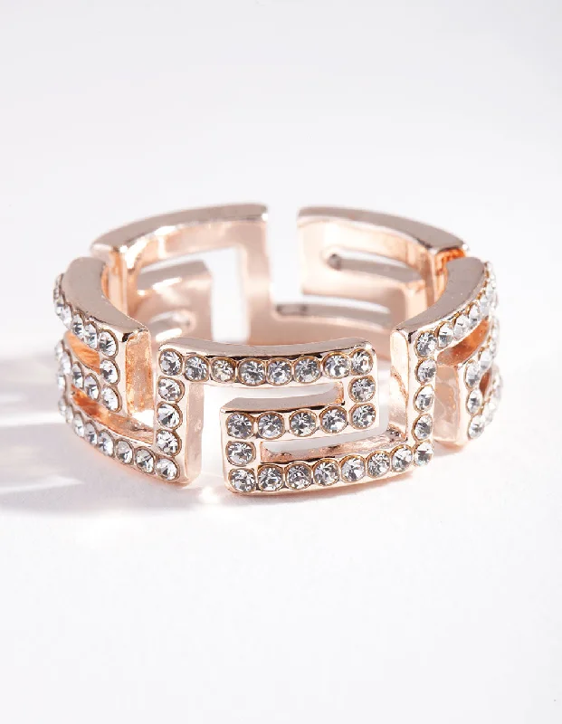 Customizable Rings for Gifts-Rose Gold Diamante Greek Key Ring