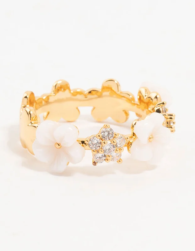 Handcrafted Promise Rings-Gold Plated Alternating Flower Cubic Zirconia Band Ring