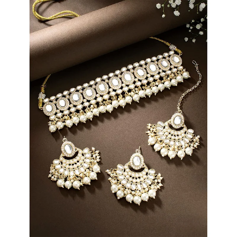 Sparkling Stone Necklaces-Etnico Gold Plated Traditional Kundan Choker Necklace Set Gift for Women & Girls(K7228W)