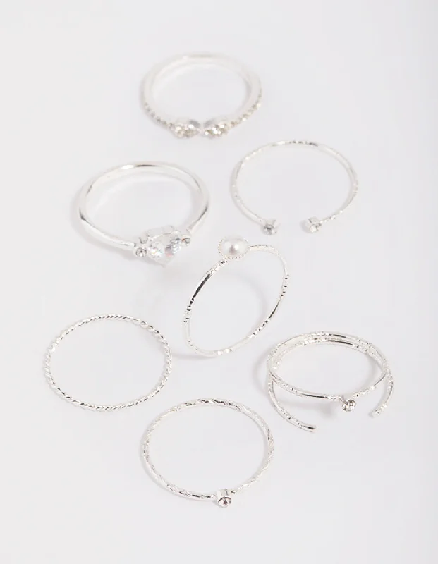 Modern Wedding Bands for Men-Silver Dainty Diamante & Pearl Ring Pack