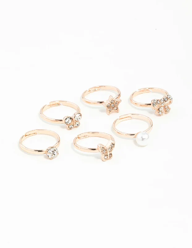 Emerald Engagement Rings-Kids Rose Gold Diamante Pearl Flower & Bow 6-Pack