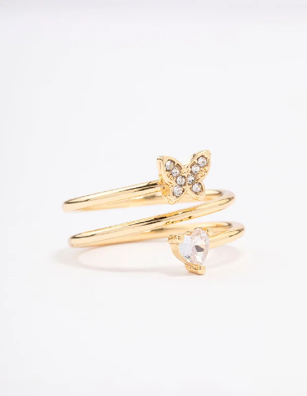 Rose Gold Diamond Rings-Gold Plated Heart Butterfly Wrapped Ring