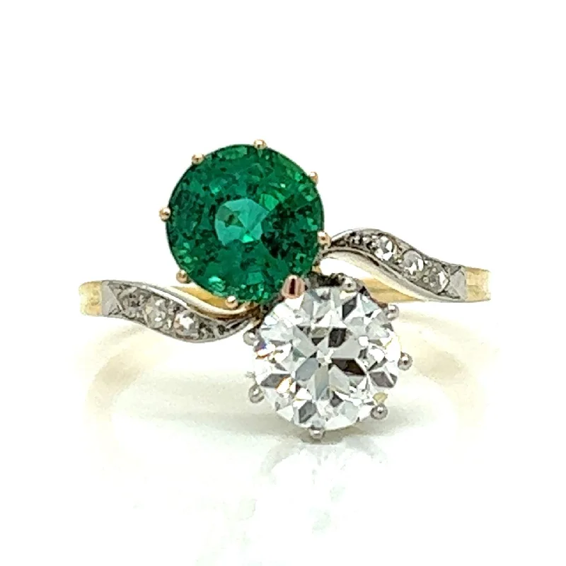 Handcrafted Engagement Rings-Victorian 18kt Yellow Gold and Platinum Bypass Ring with Round Diamonds and Round Emeralds